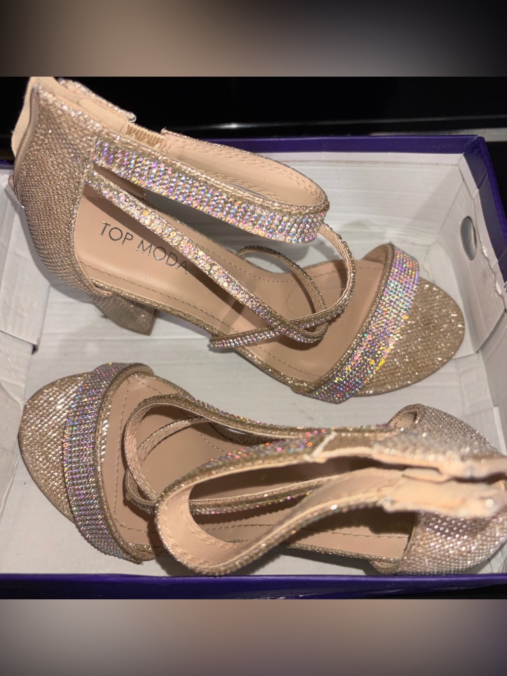 TOP Moda Nude Glitter Rhinestone Block Heel Sandals